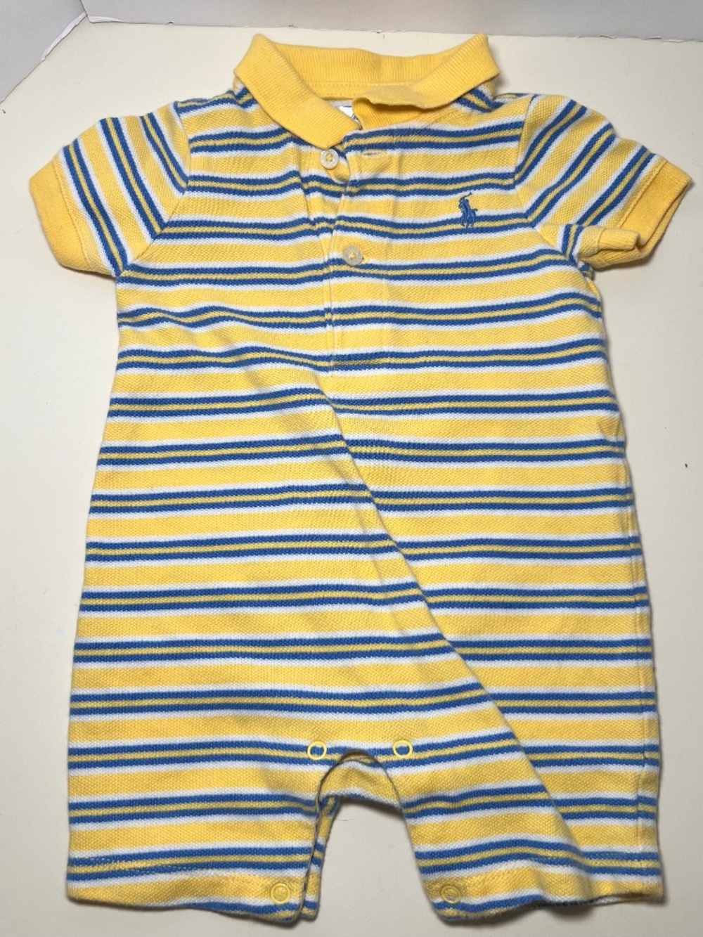 Vintage Ralph Lauren Baby Unisex Yellow Striped Polo Romper 6M 90s Retro Prep